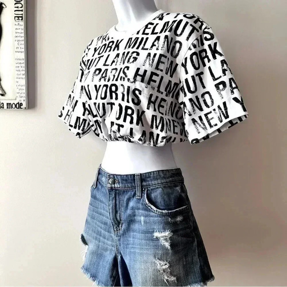 Helmut Lang WomenâsâUpcycled All Over Logo Cropped Short Sleeve Cotton T-shirt S - Picture 6 of 11